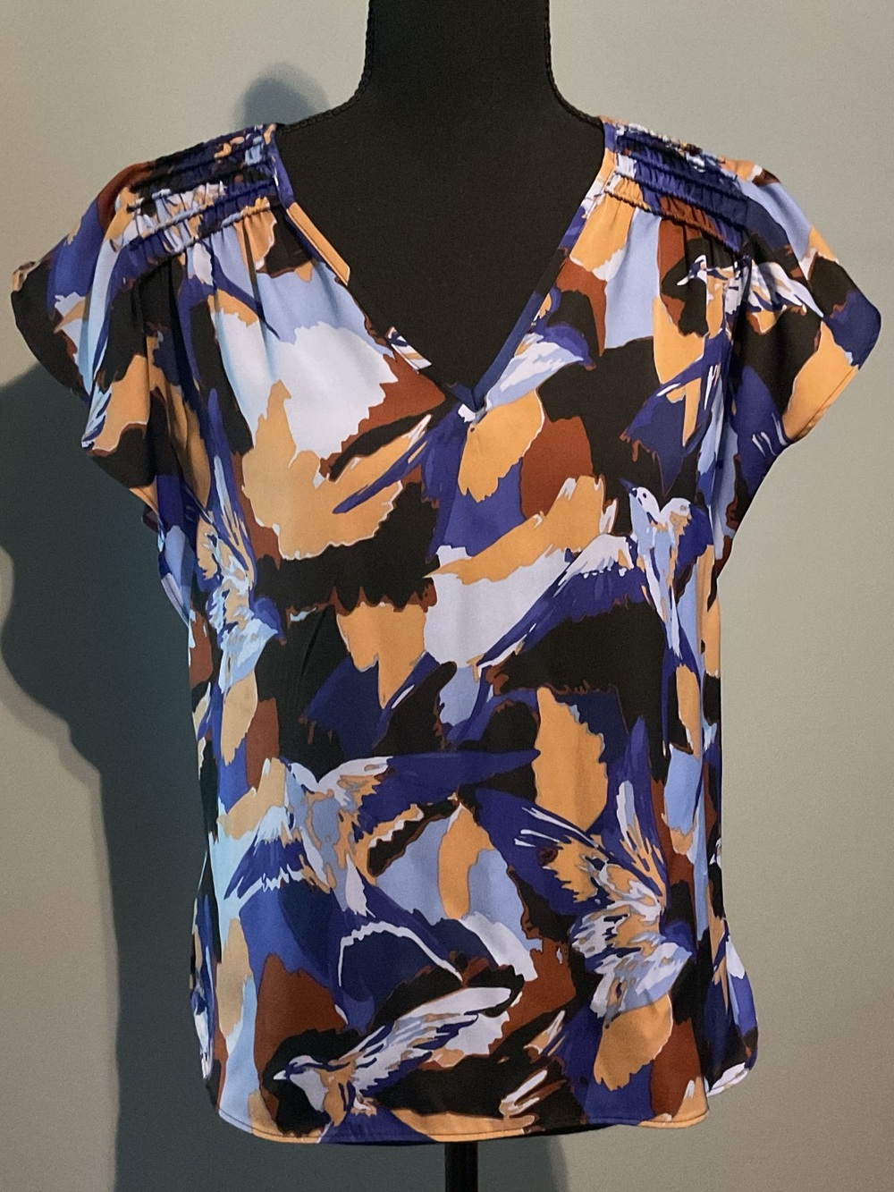 Nine West Abstract V-Neck Blouse in Blue, Black, and Brown